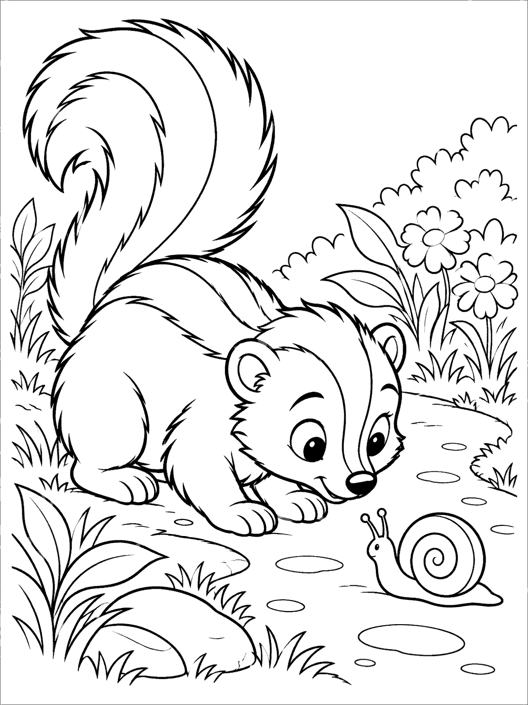 A crouching skunk watches a small snail with a spiral shell on a garden path, surrounded by leaves and flowers.
