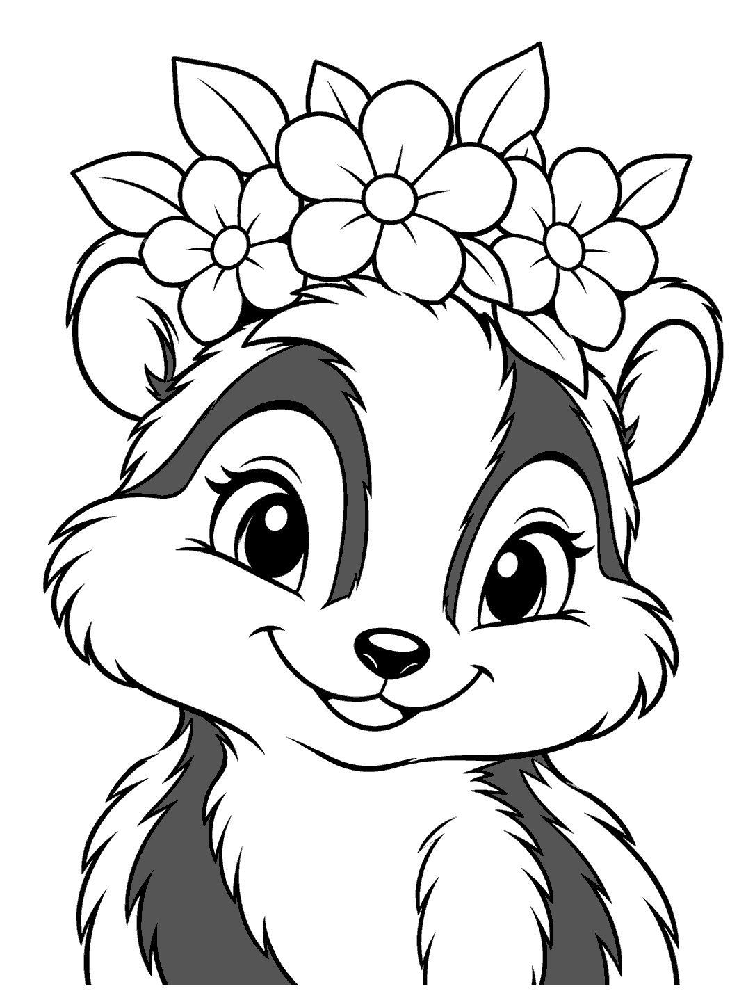 A smiling skunk with a white forehead stripe wearing a flower crown, drawn in bold black outlines.