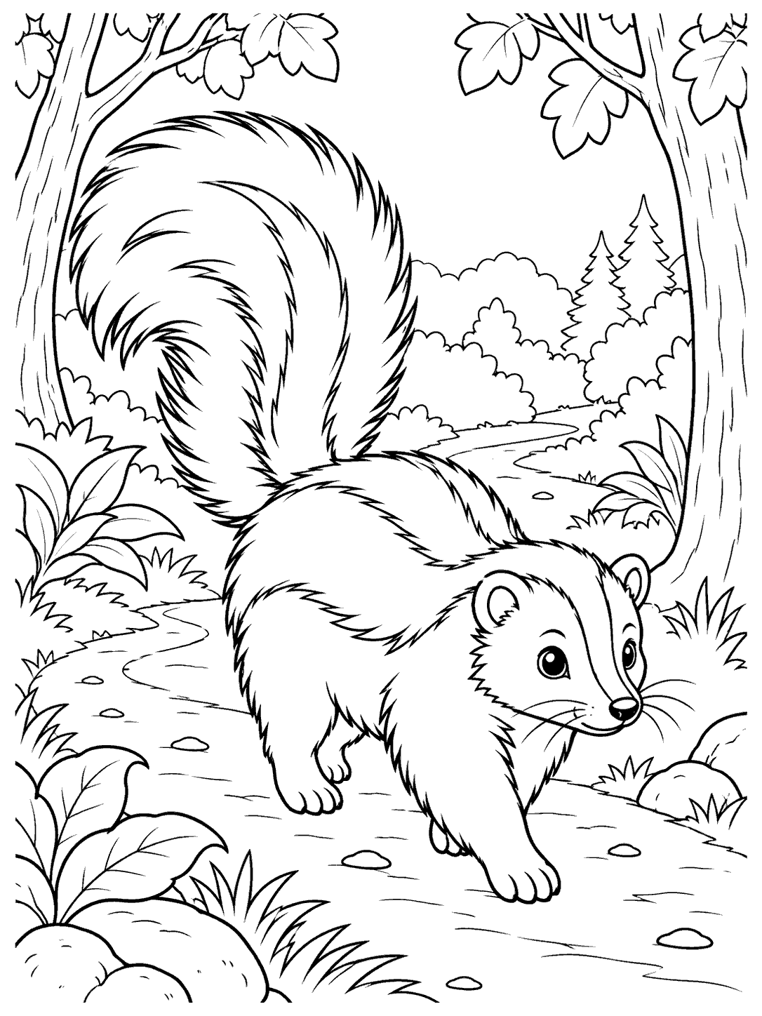 A skunk walking along a winding woodland trail, framed by trees, leaves, and low plants.