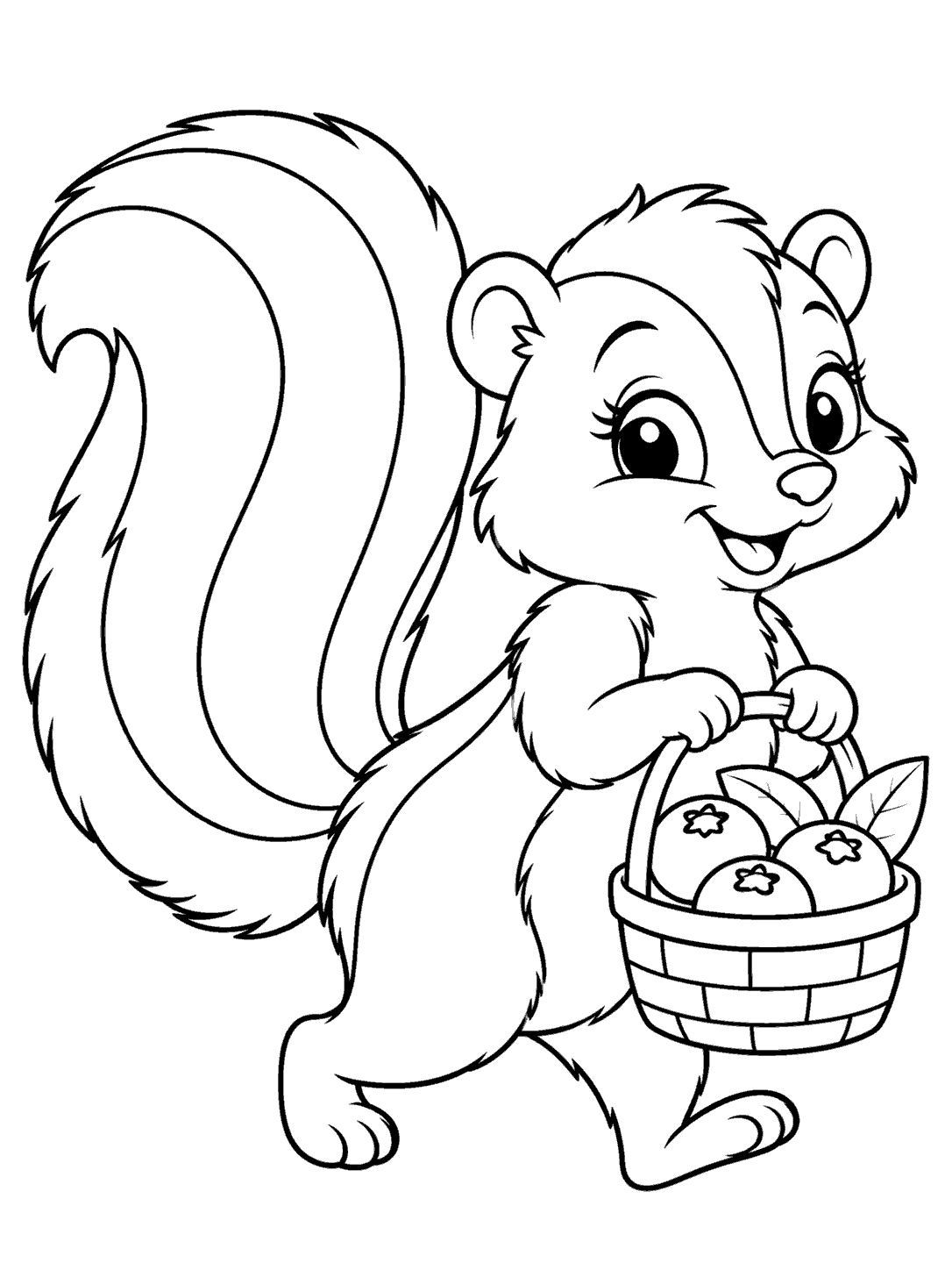 A cartoon skunk with a large striped tail carrying a simple basket filled with three berries and two leaves.