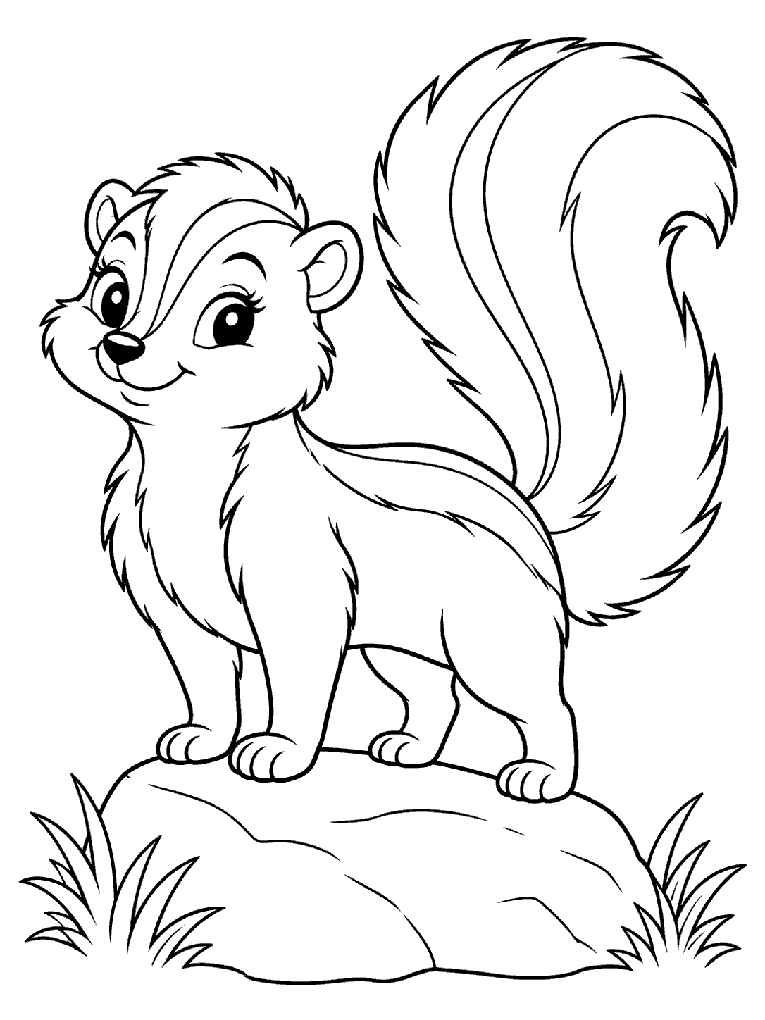 A skunk with a large striped tail standing on a rounded rock between two grass tufts.