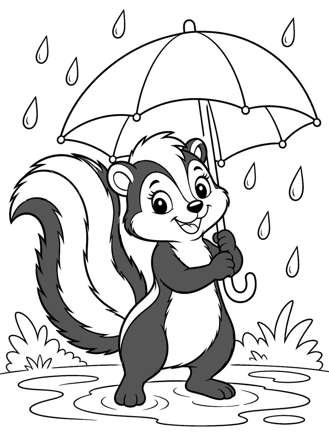 A smiling skunk holding a broad, paneled umbrella among raindrops, with puddles and small plants nearby.