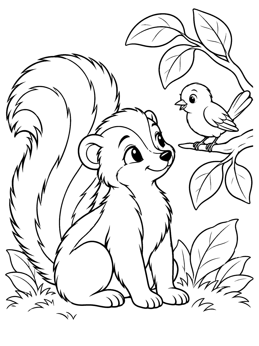 A seated skunk with a large fluffy tail looks toward a small bird perched on a leafy branch.