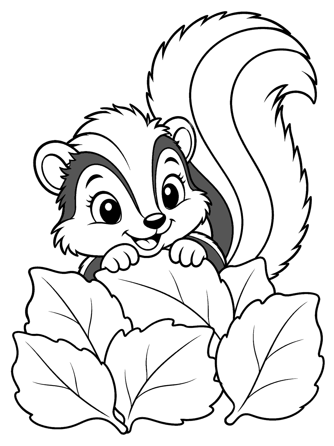 A smiling skunk peeks over broad leaves with its large striped tail curling overhead.