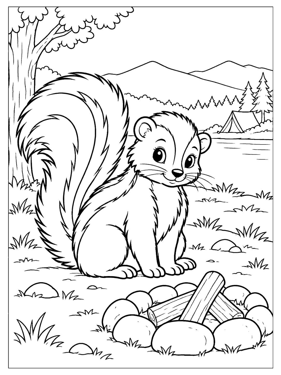 A seated skunk with a large striped tail beside a stone fire ring with a few logs, with a tent, trees, and mountains in the distance.