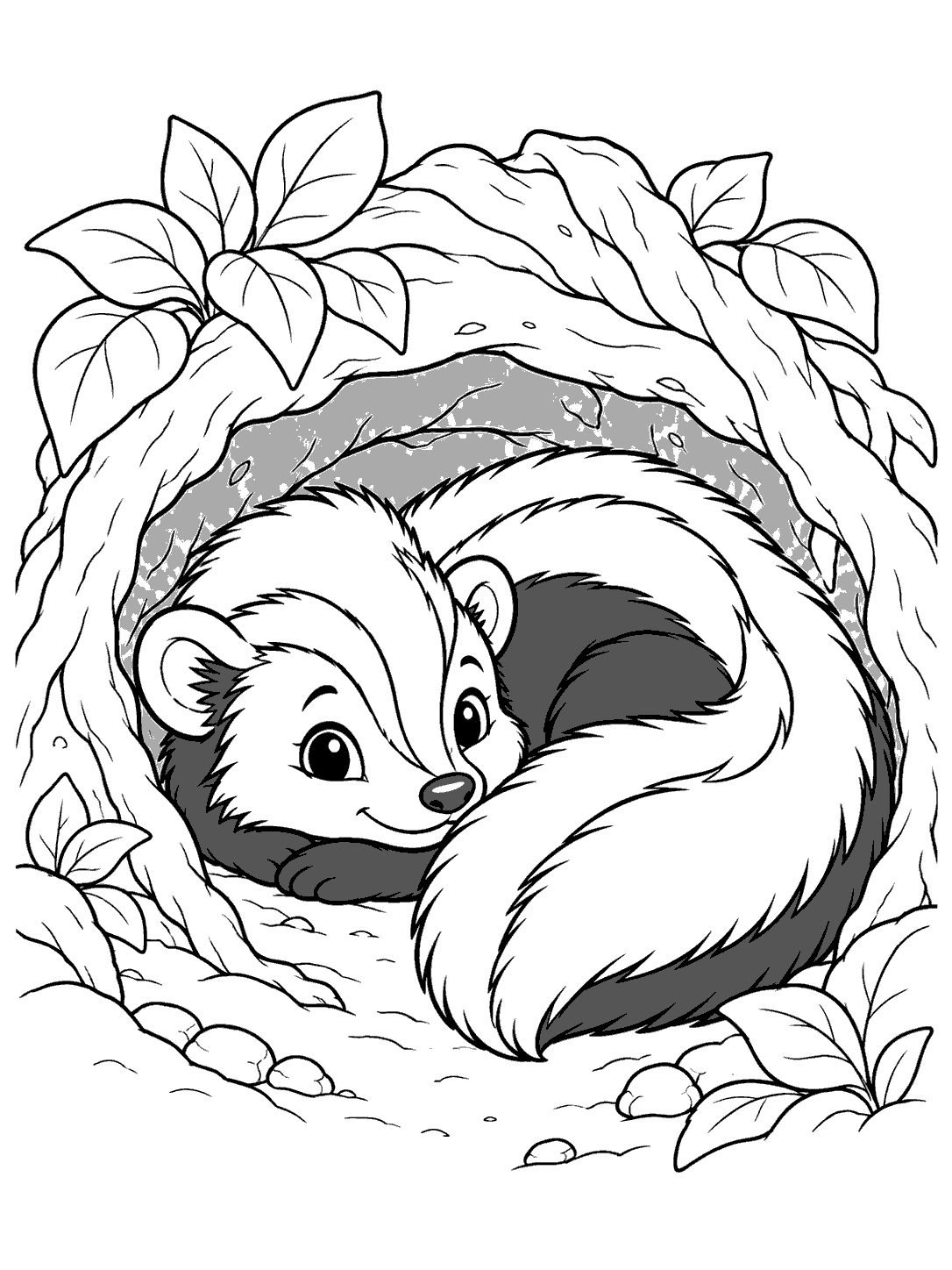 A curled skunk with a large striped tail resting in a burrow framed by roots and leaves.