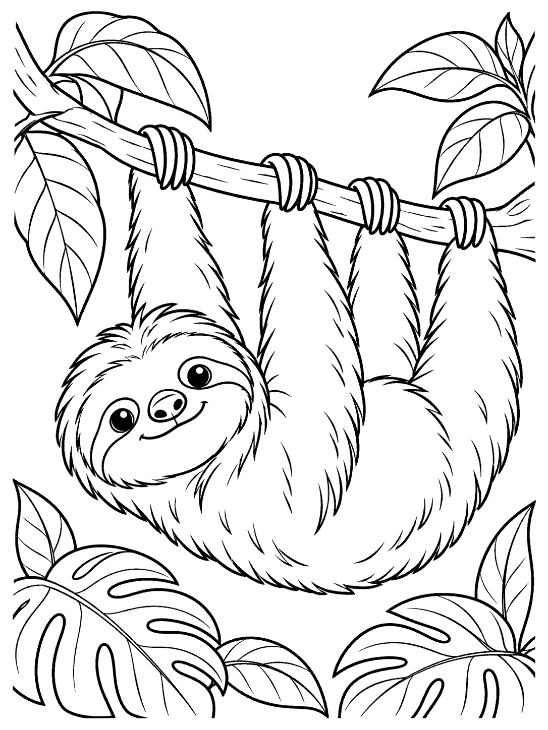 A smiling sloth hanging upside down by all four limbs from a branch, framed by tropical leaves.