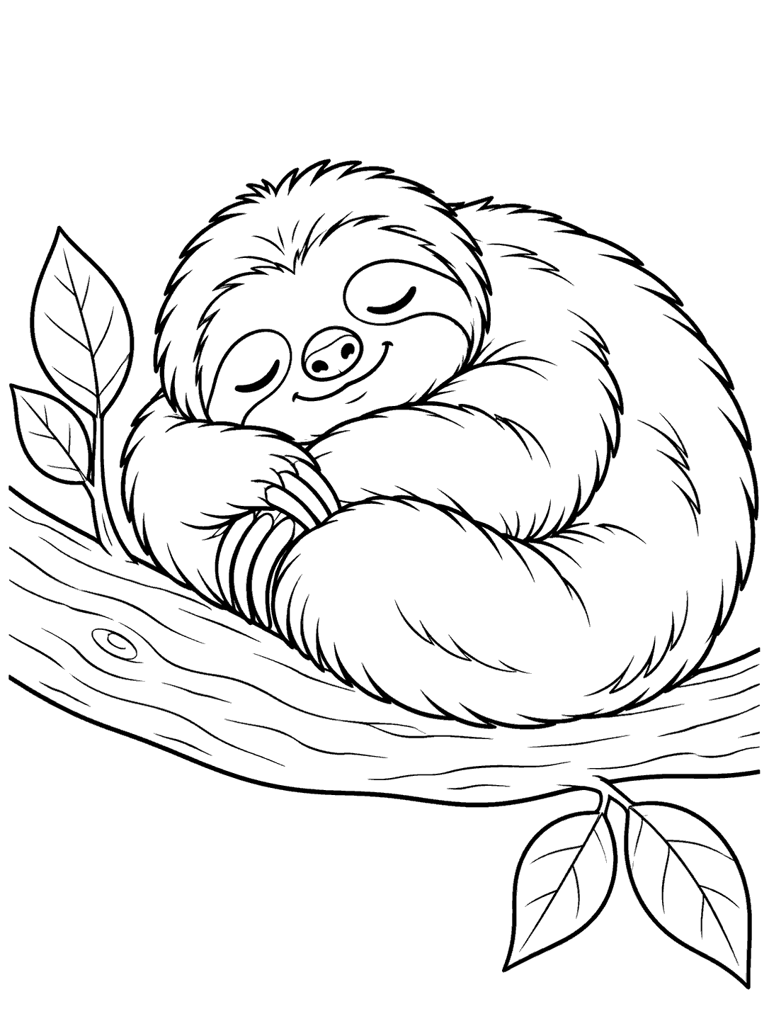 Black-and-white coloring page of a furry sloth curled with eyes closed on a wide branch, with leaves beside it.