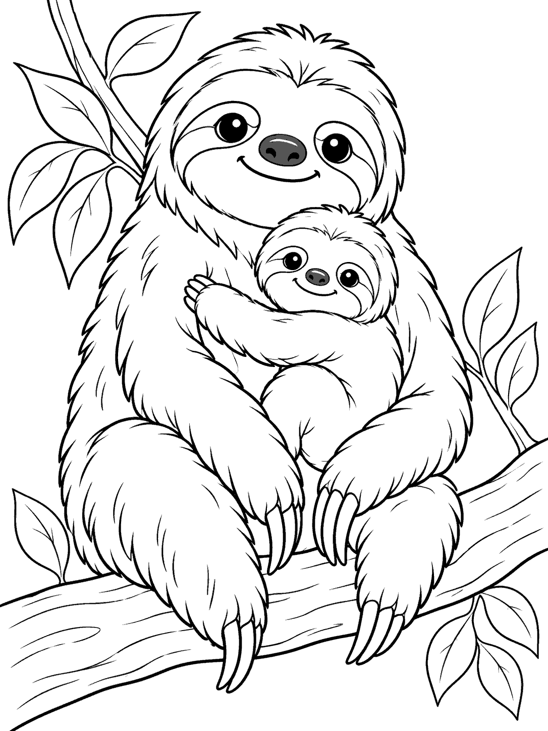 An adult sloth sits on a branch while a baby sloth clings securely to its chest, surrounded by leaves.