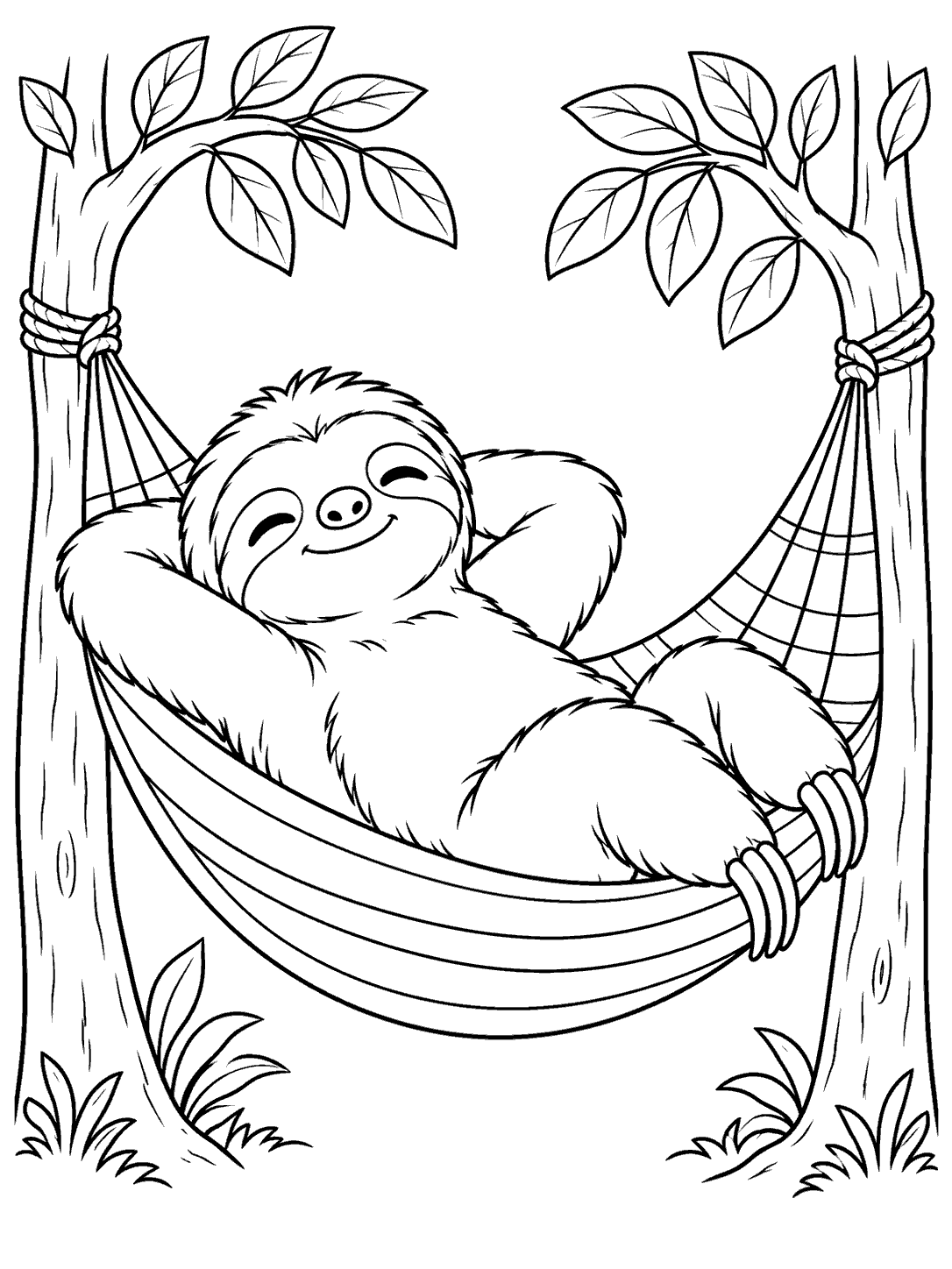 A relaxed sloth lying on its back in a broad hammock tied between two leafy trees, in clean black line art.