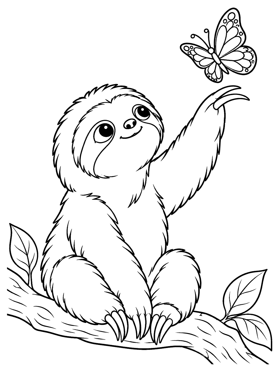 A seated sloth looking up and reaching toward a patterned butterfly above a branch with leaves.