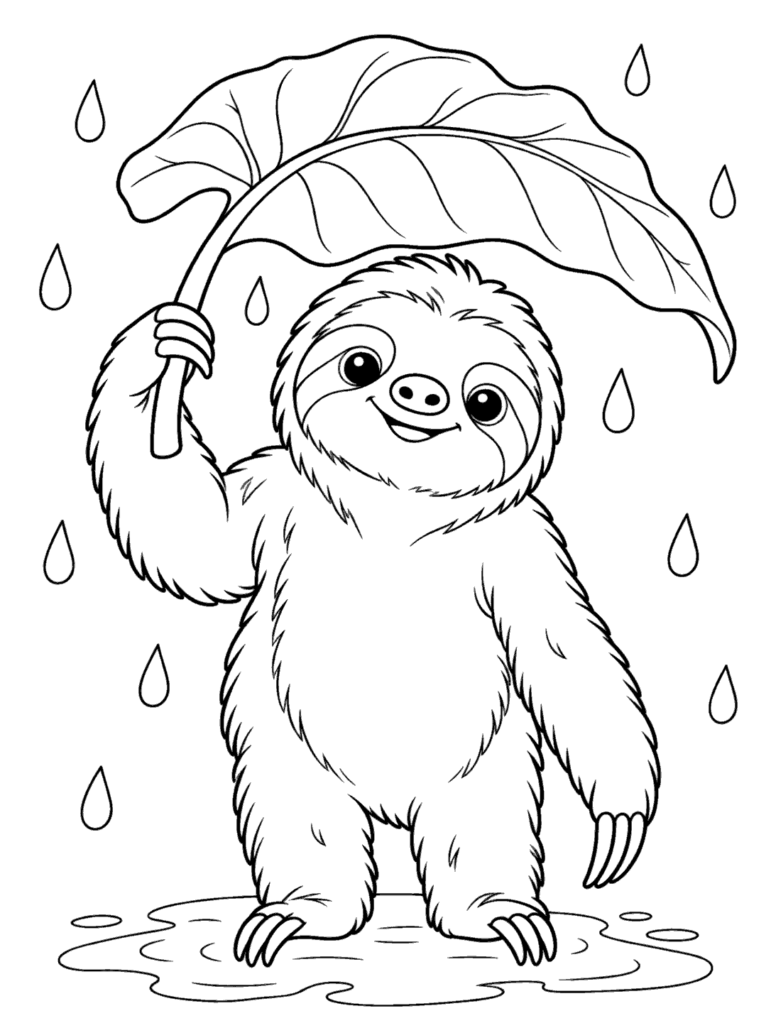 A standing sloth shelters beneath a large leaf amid falling raindrops, with a puddle at its feet.