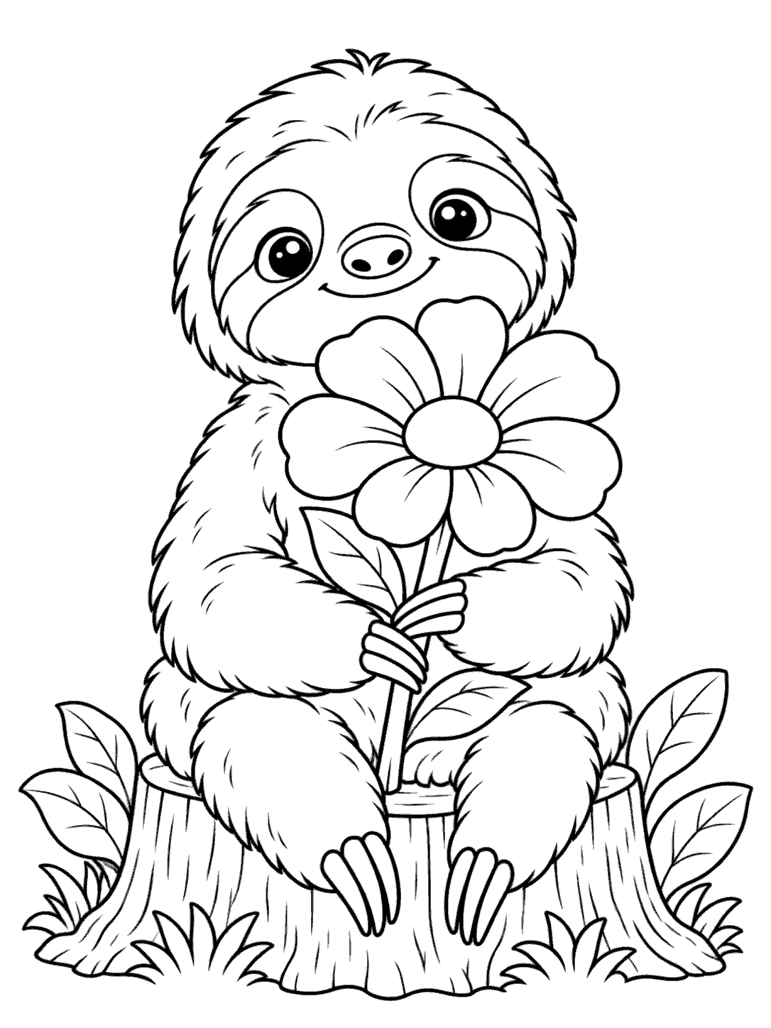 A seated sloth with a large-petaled flower, a low stump, and leaves around it in a black-and-white coloring page.