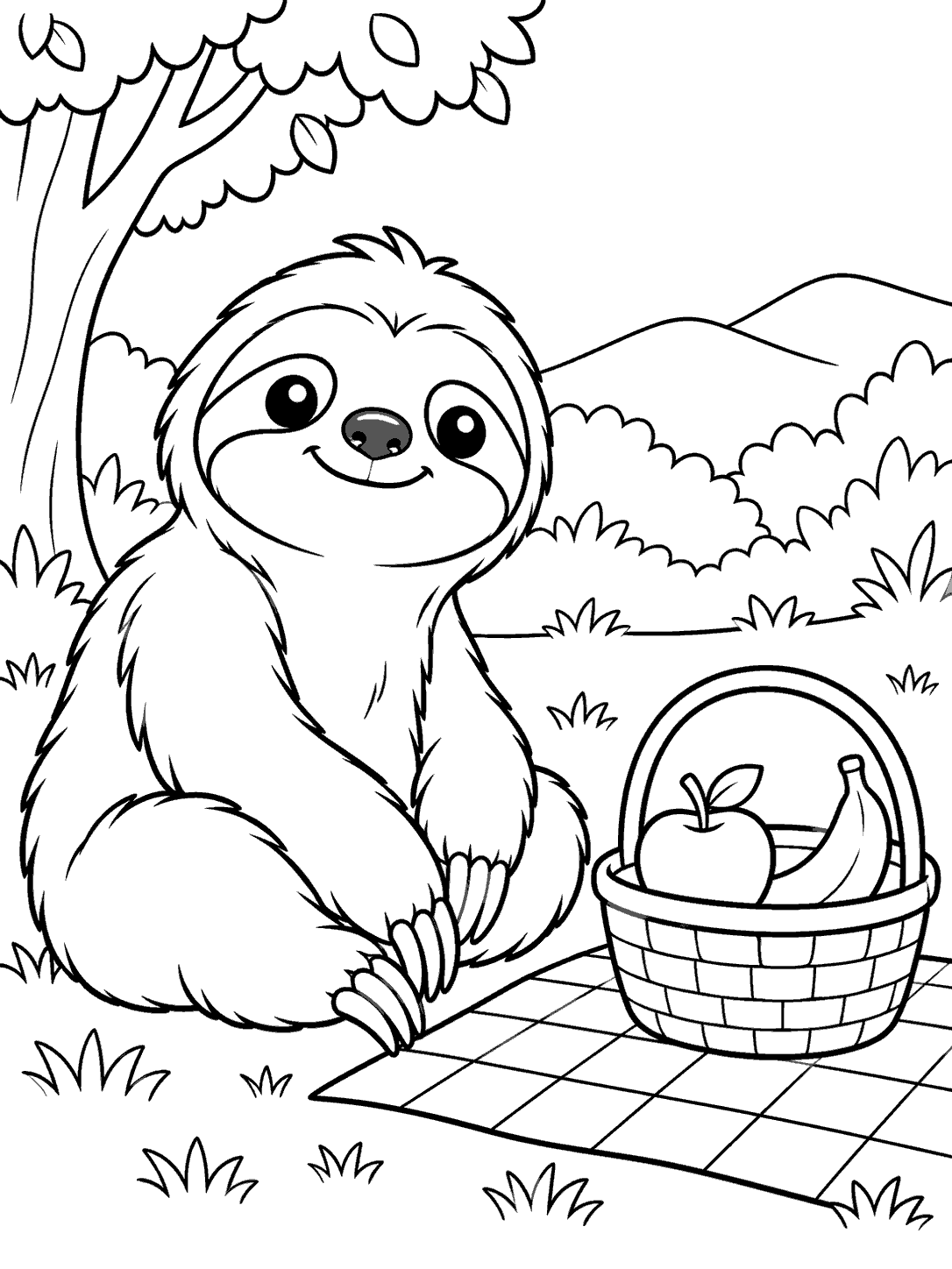 A seated sloth beside a checked picnic blanket and a basket holding an apple and banana, with trees and hills in the background