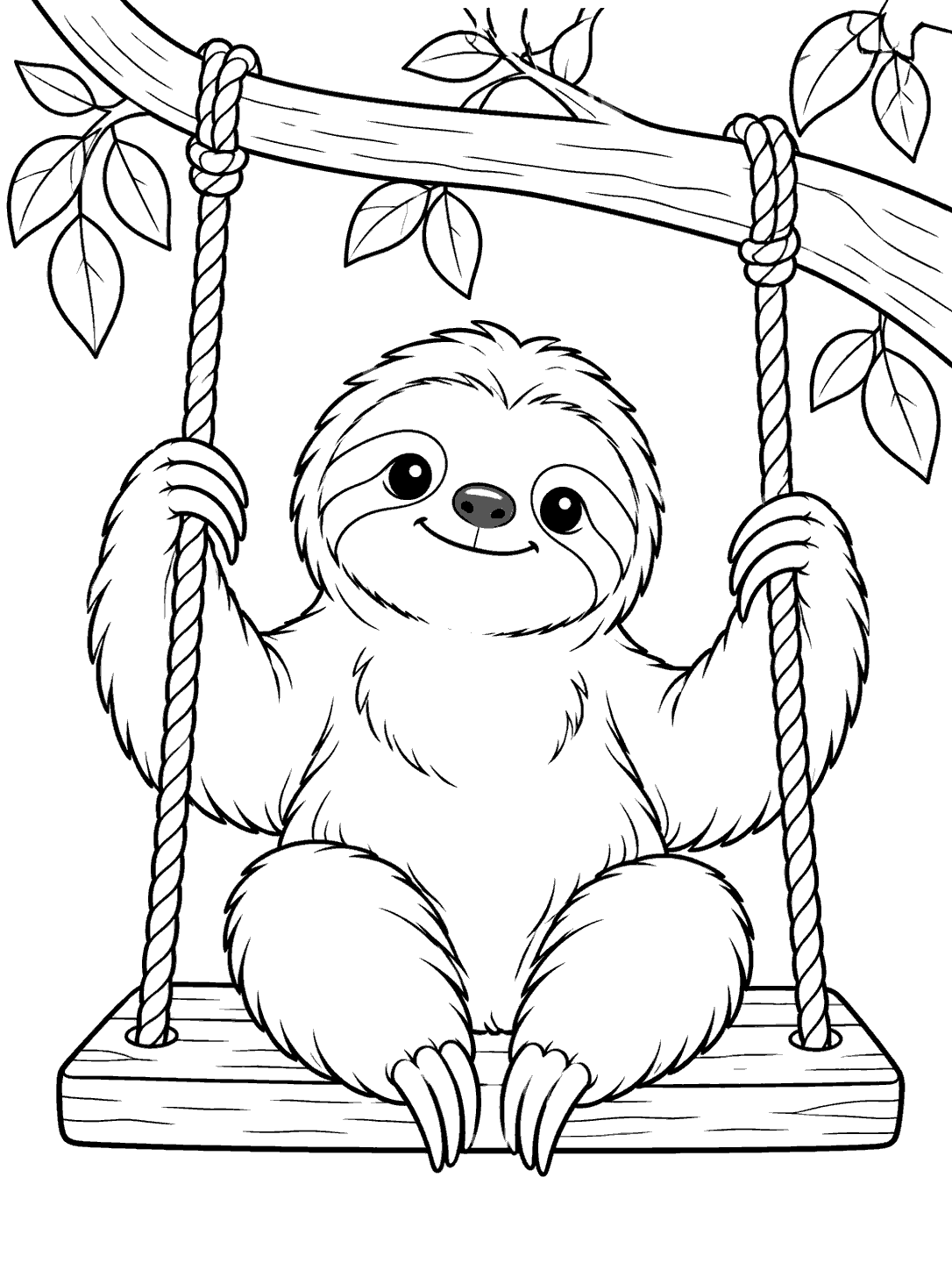 A smiling sloth seated on a wooden swing suspended by ropes from a tree limb, with leaves around it.