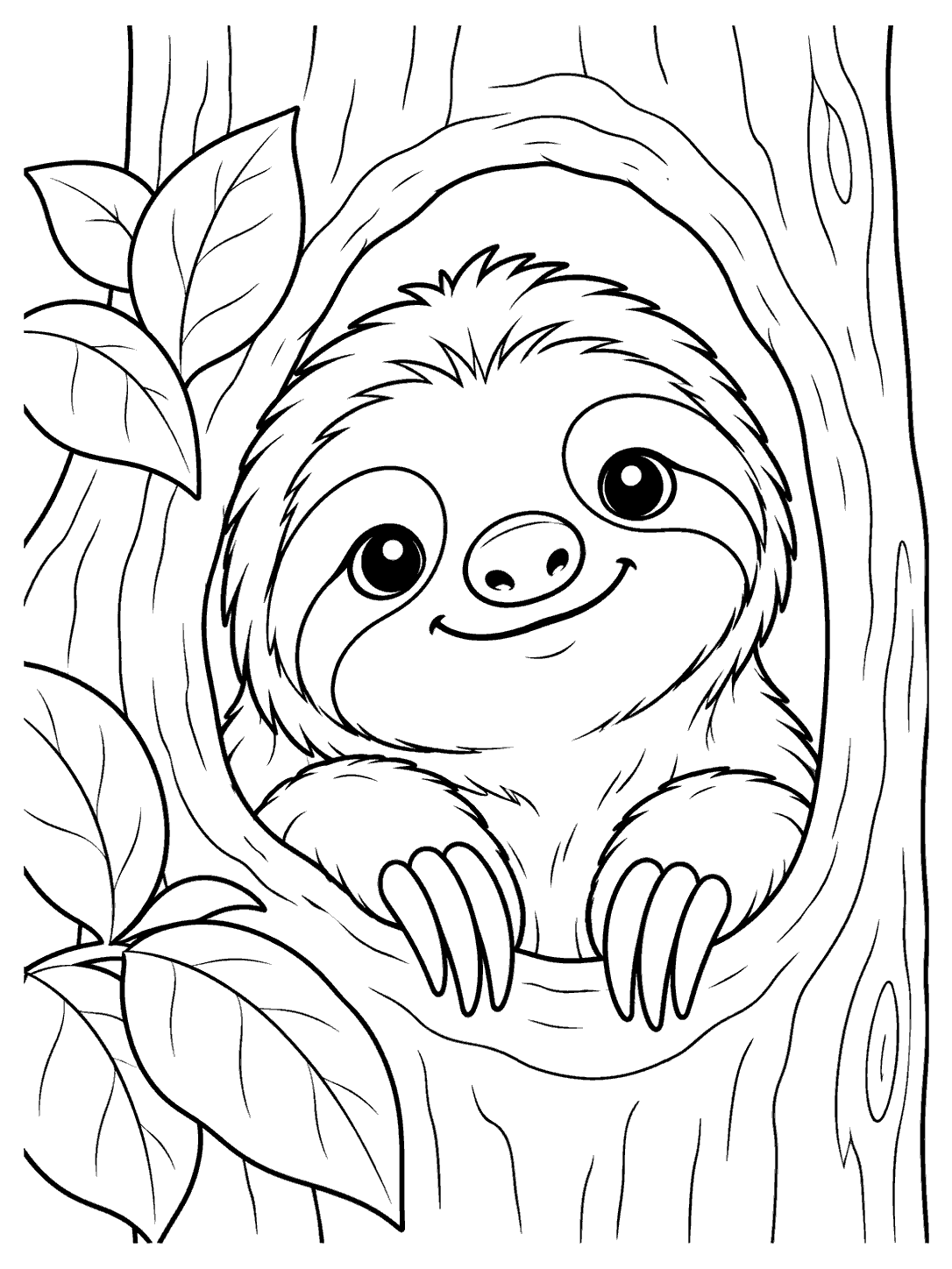 A smiling sloth rests both paws on the edge of a rounded tree hollow, framed by broad leaves and simple bark lines.