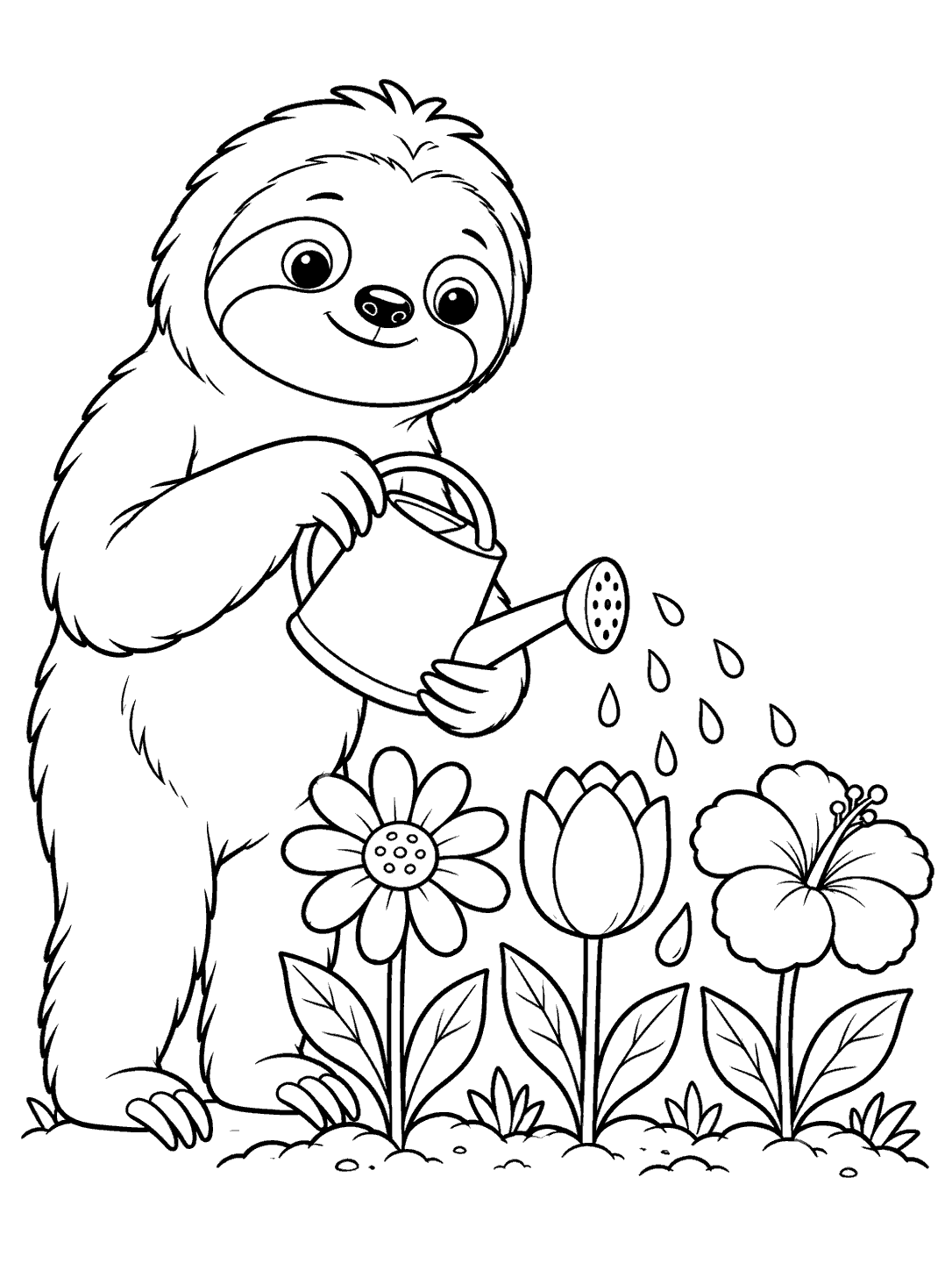 A standing sloth watering three flowers with a small watering can, with leaves, droplets, and a ground line.