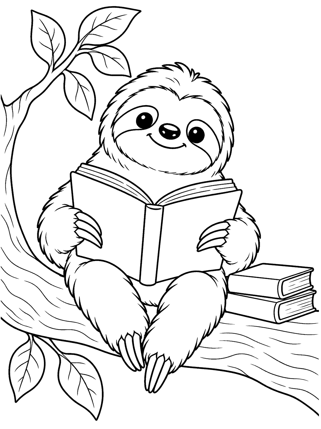 A seated sloth holding an open book on a thick branch, with leaves and two stacked books.