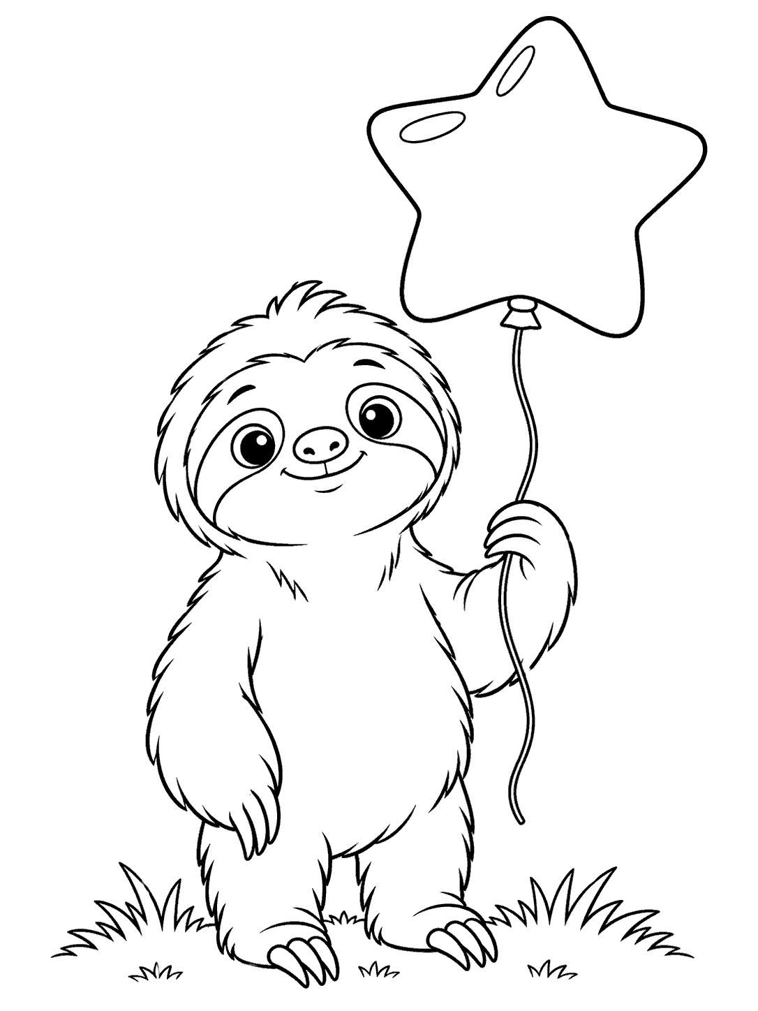 A smiling standing sloth holding the string of a large star balloon, with grass at its feet.