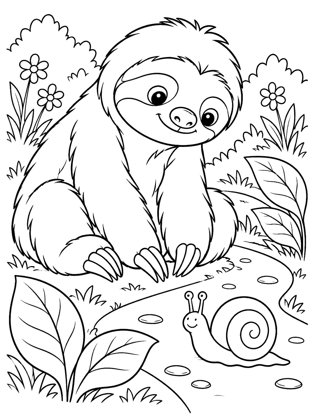 A seated sloth leaning toward a spiral-shelled snail on a curved garden path, surrounded by leaves, flowers, and grass.