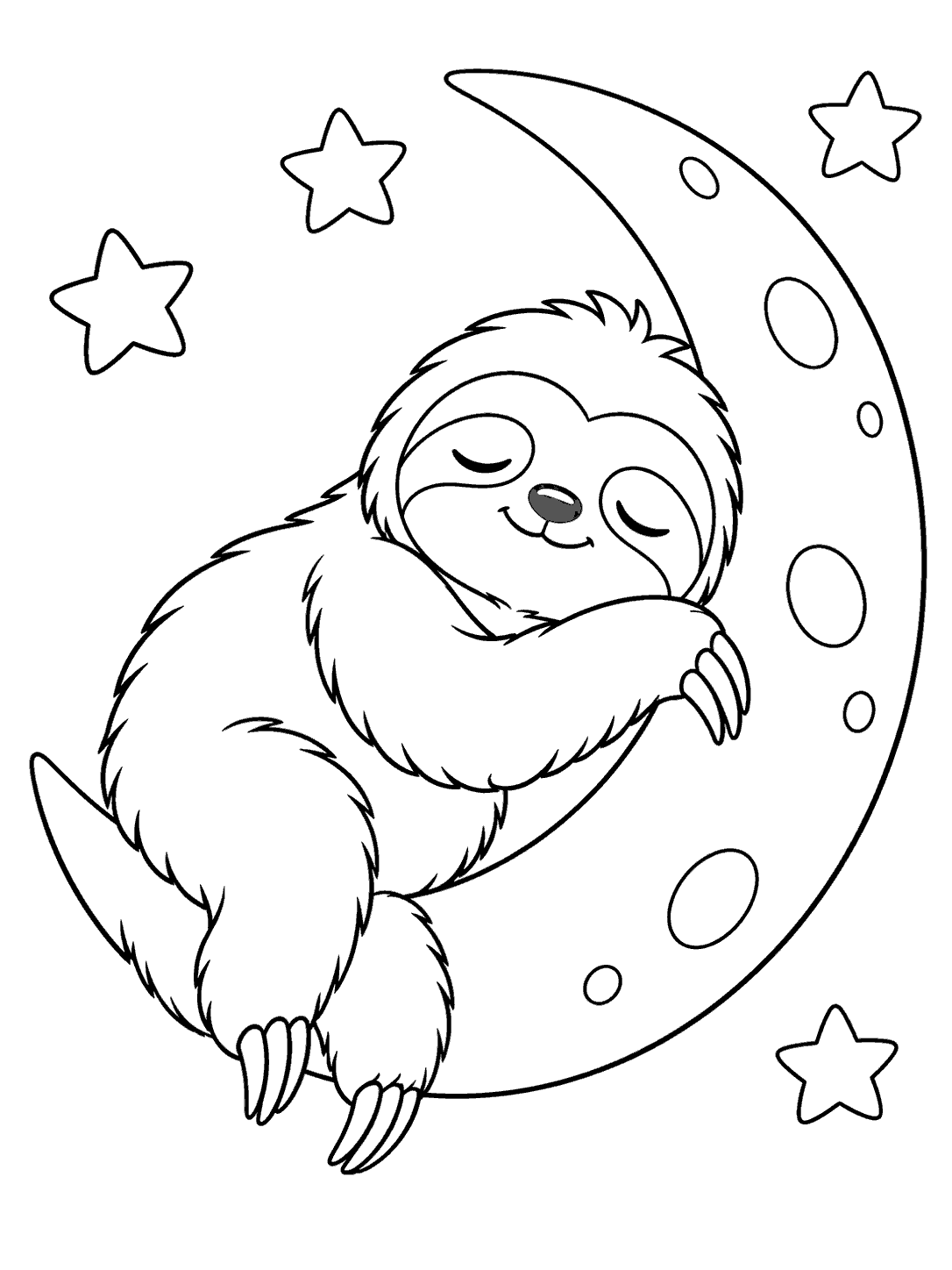 A peacefully sleeping sloth curled around a large crescent moon with four stars on a white coloring page.