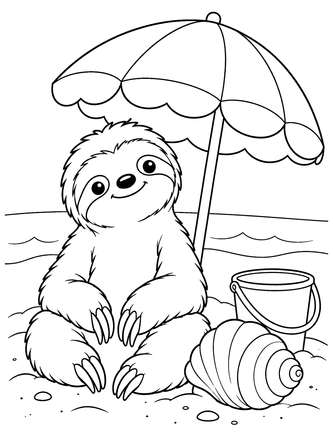 A cheerful seated sloth under a large beach umbrella with a seashell and bucket on the sand.