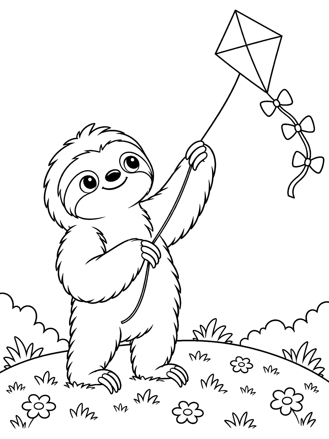A smiling sloth standing on a grassy hill, holding the long string of a diamond kite with a bow-decorated tail.
