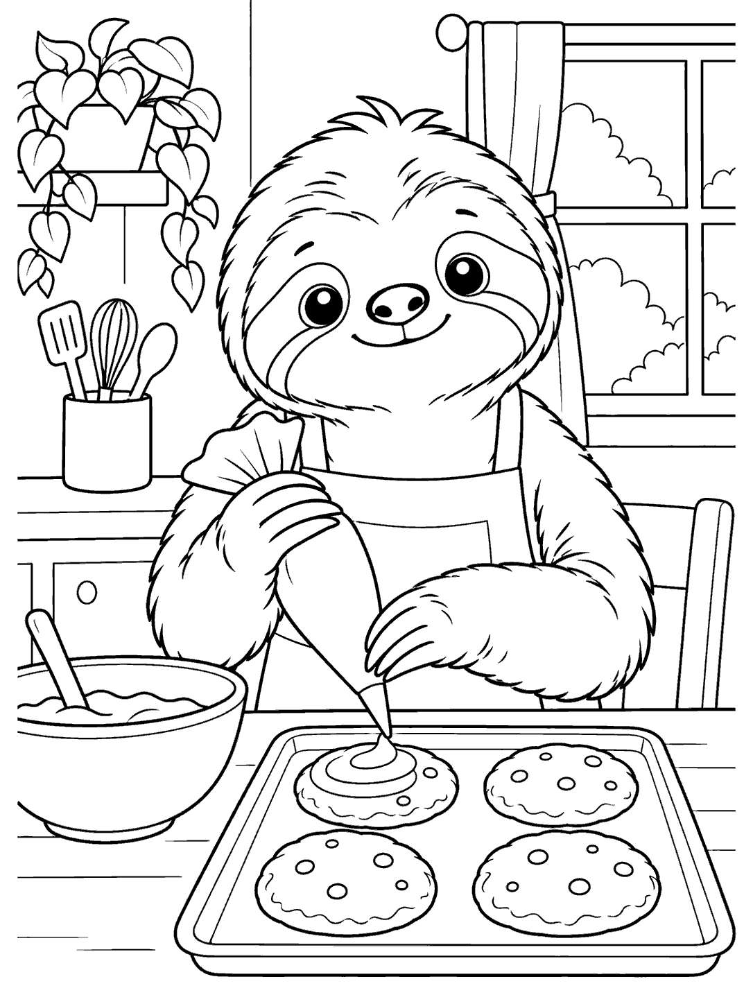 A sloth holds an icing bag above a tray with four cookies, with a mixing bowl nearby.