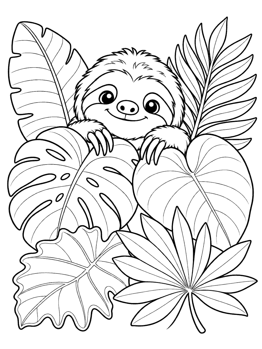 A smiling sloth with its head and paws visible above a pile of large tropical leaves.