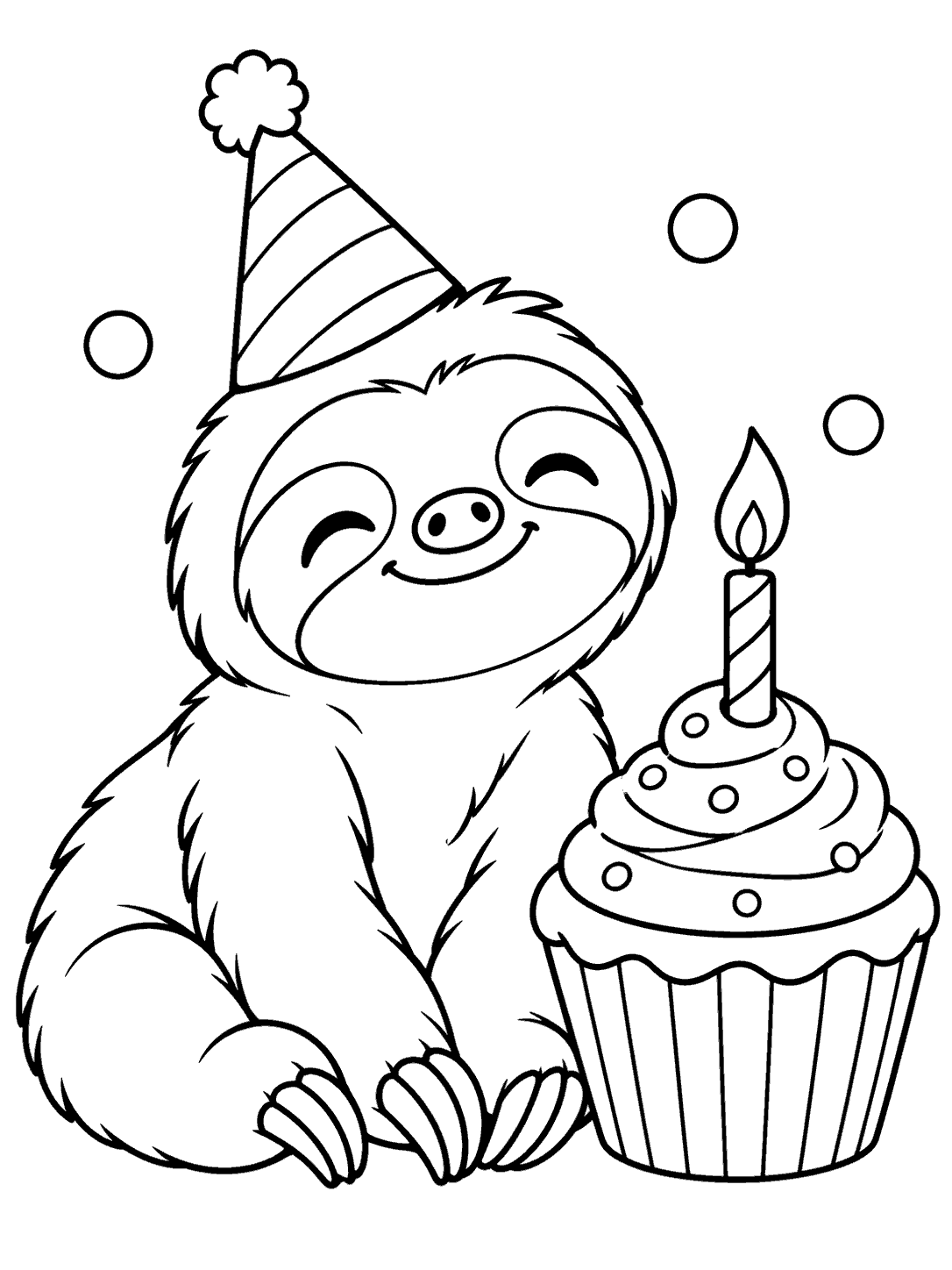 A seated sloth wearing a party hat beside a cupcake with one candle and three round confetti pieces.