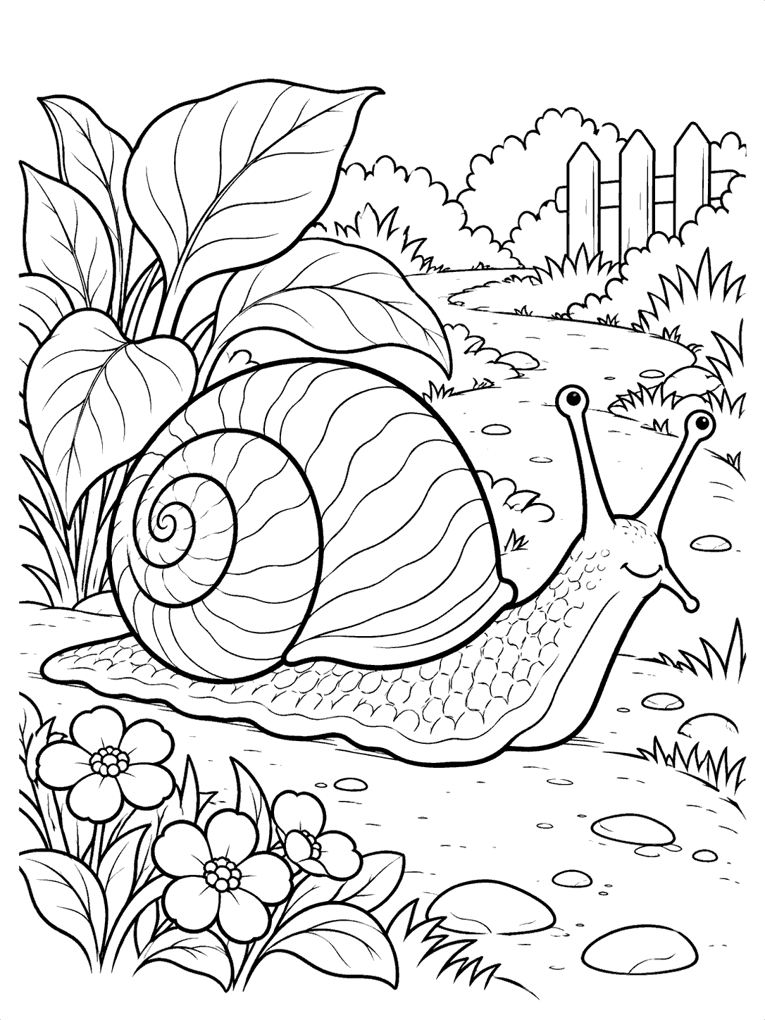 A large garden snail with a coiled, unfilled shell crosses a winding path beside broad leaves, flowers, and a small fence.