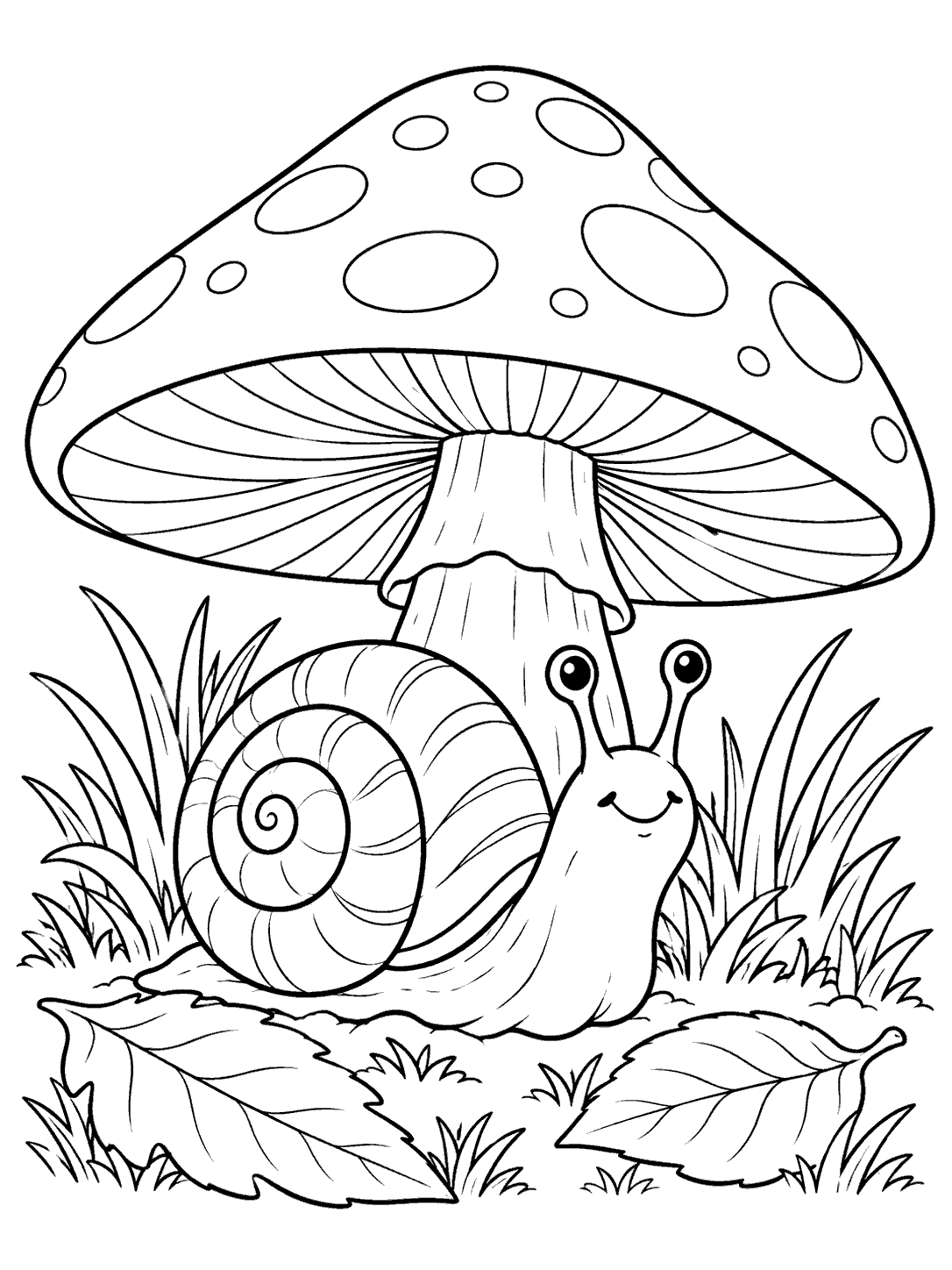 A smiling snail with a clear spiral shell shelters beneath a large spotted mushroom amid grass and two fallen leaves.