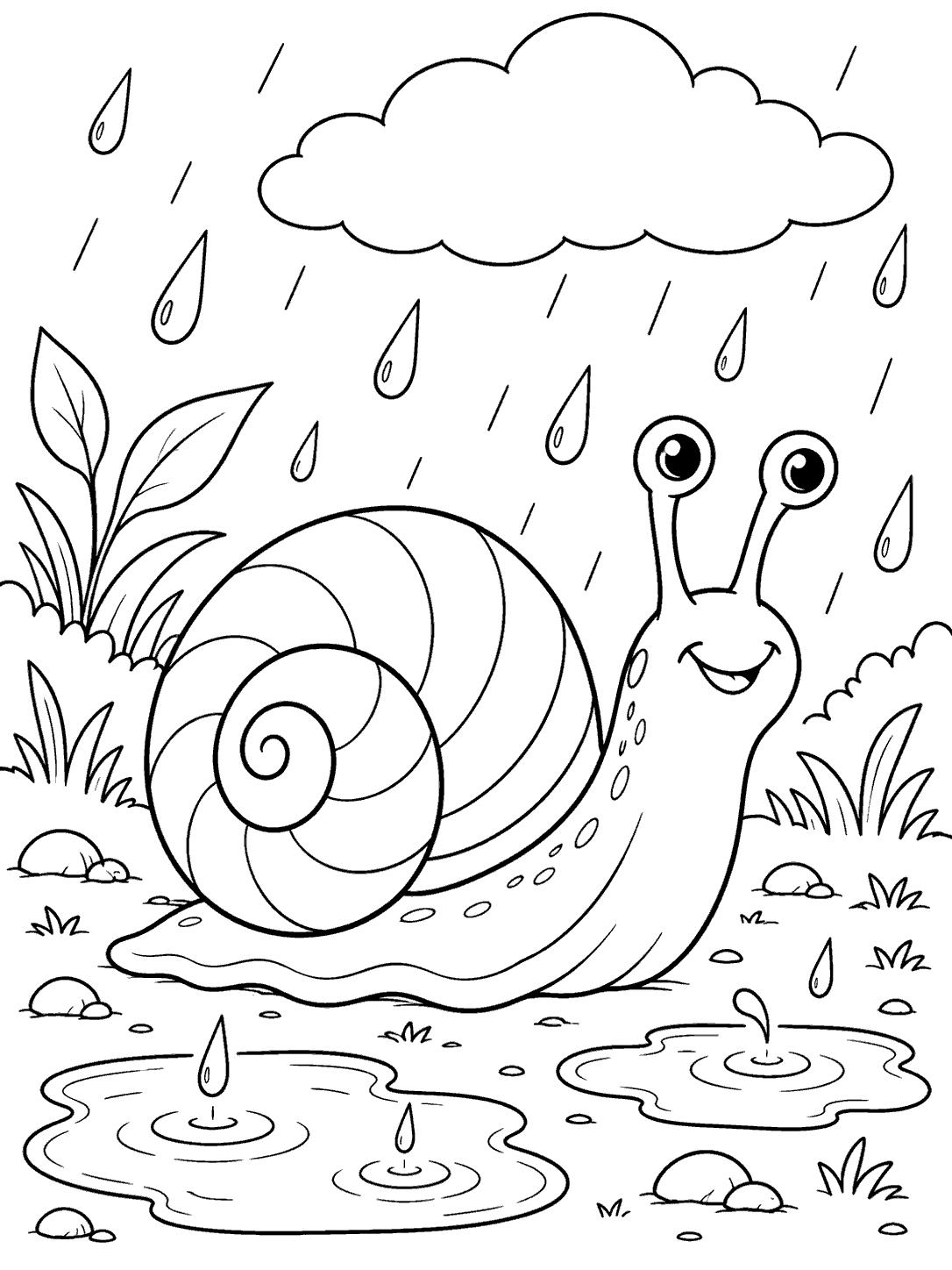 A smiling snail with a large spiral shell beside two rippling puddles, under a cloud and raindrops, with grass and plants around it.