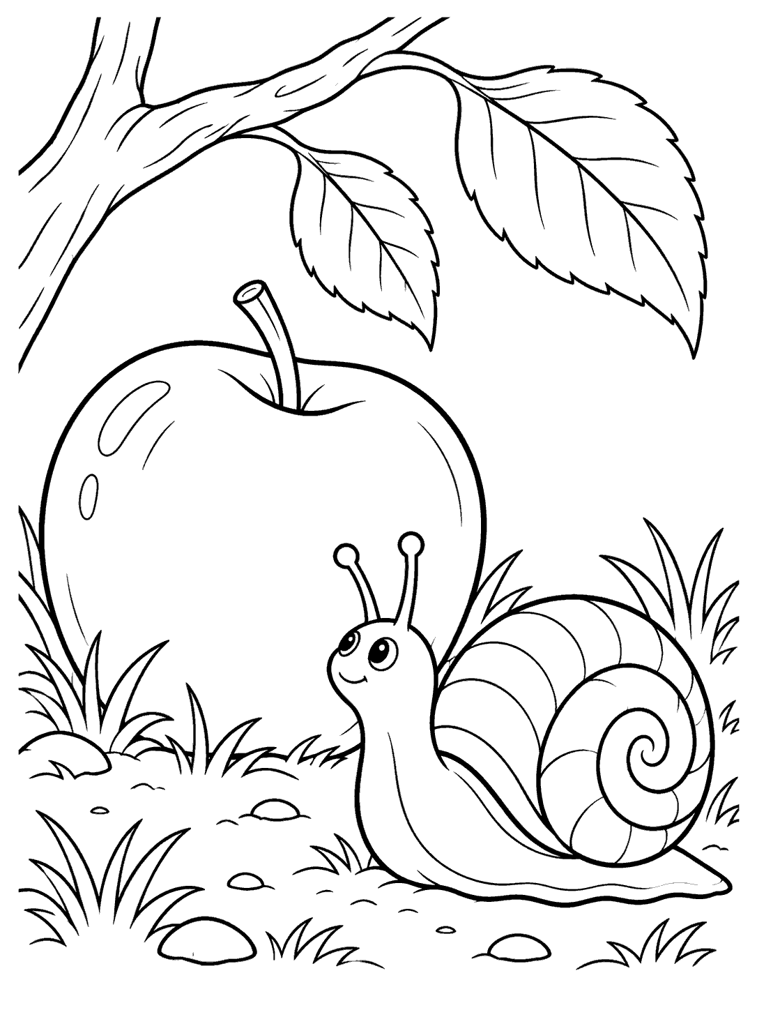 A smiling snail with an unfilled patterned shell beneath a large fallen apple and a branch with two leaves, in black line art.