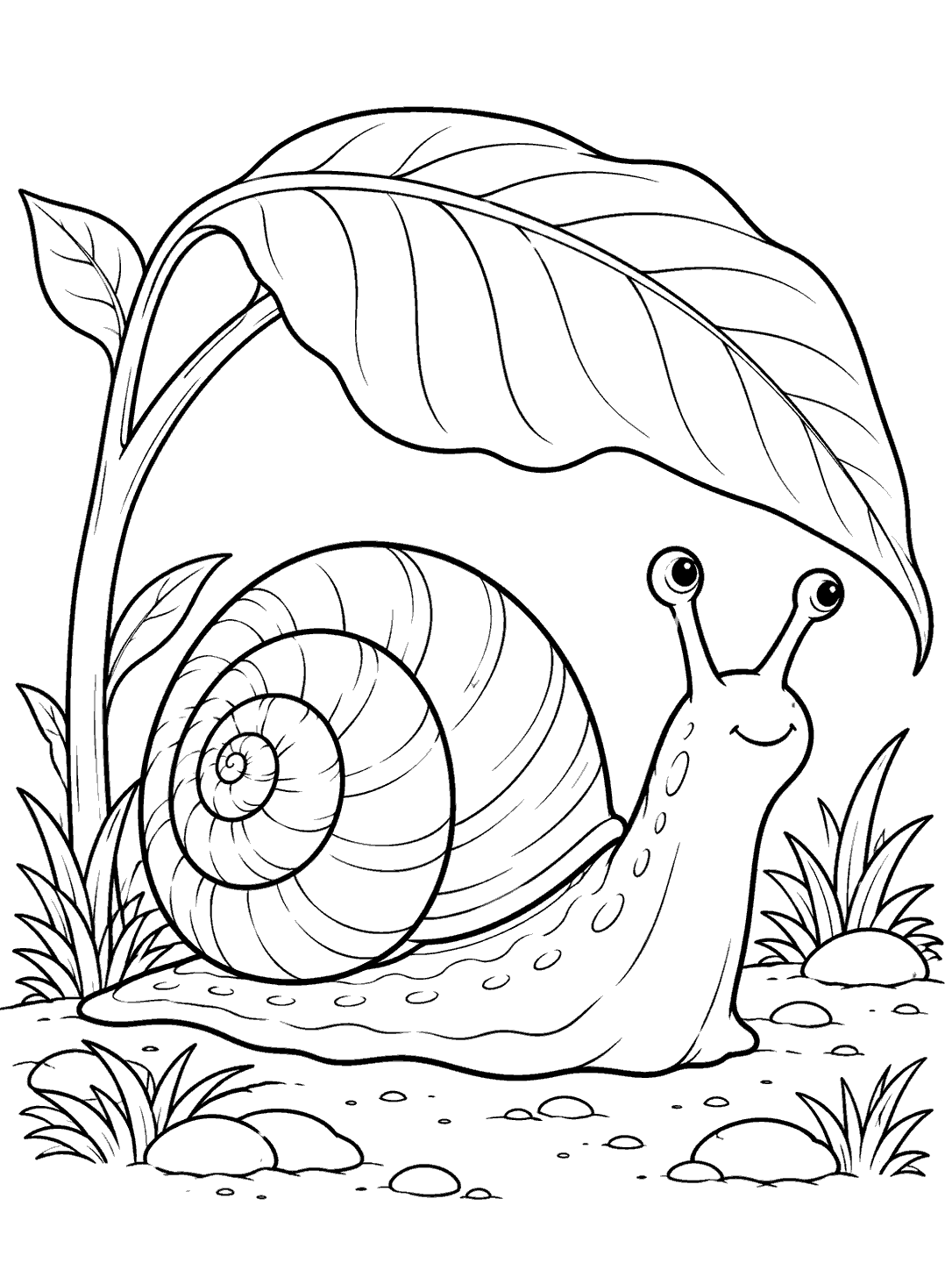 Black-and-white coloring page showing a smiling snail beneath a large arched leaf canopy, surrounded by small plants and stones.