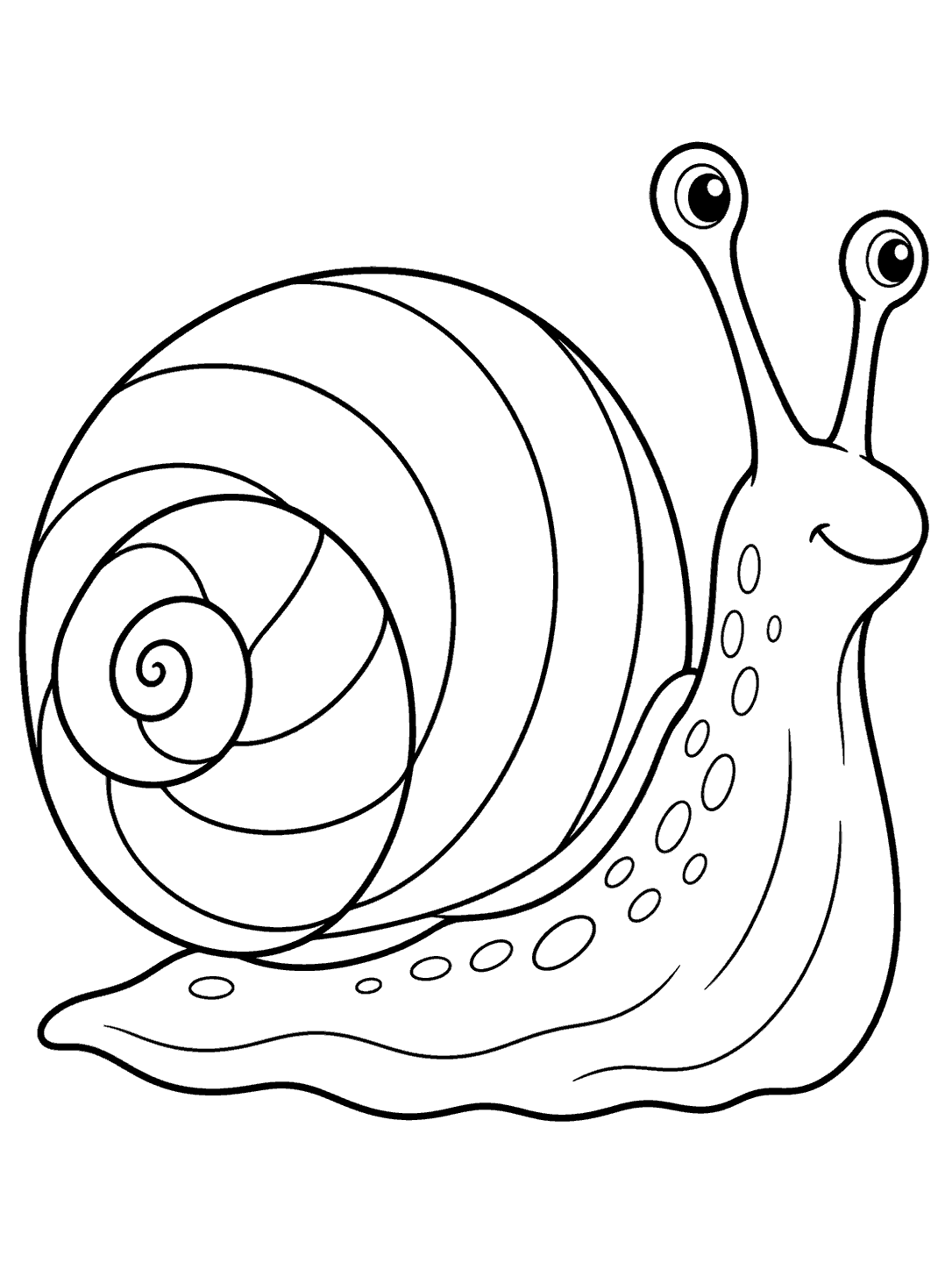 A side-view snail with two eyestalks and a large spiral shell divided into broad bands, drawn in bold black outlines on white.