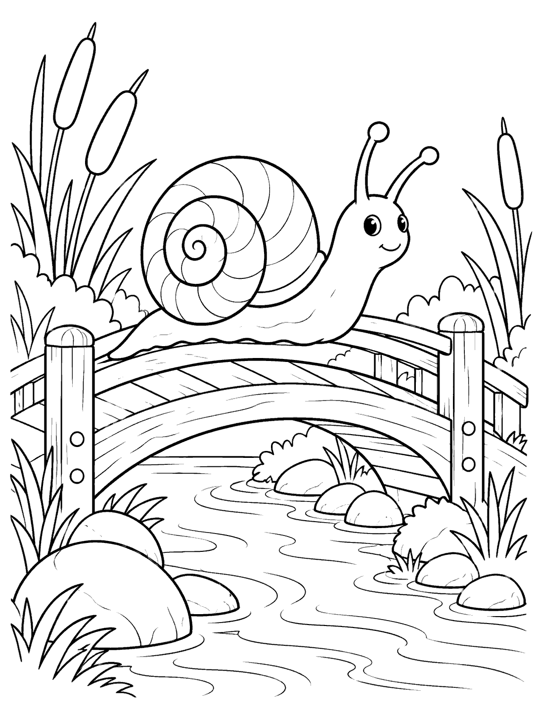 A smiling snail with a spiral shell crossing an arched wooden footbridge above a stream, surrounded by reeds and stones.