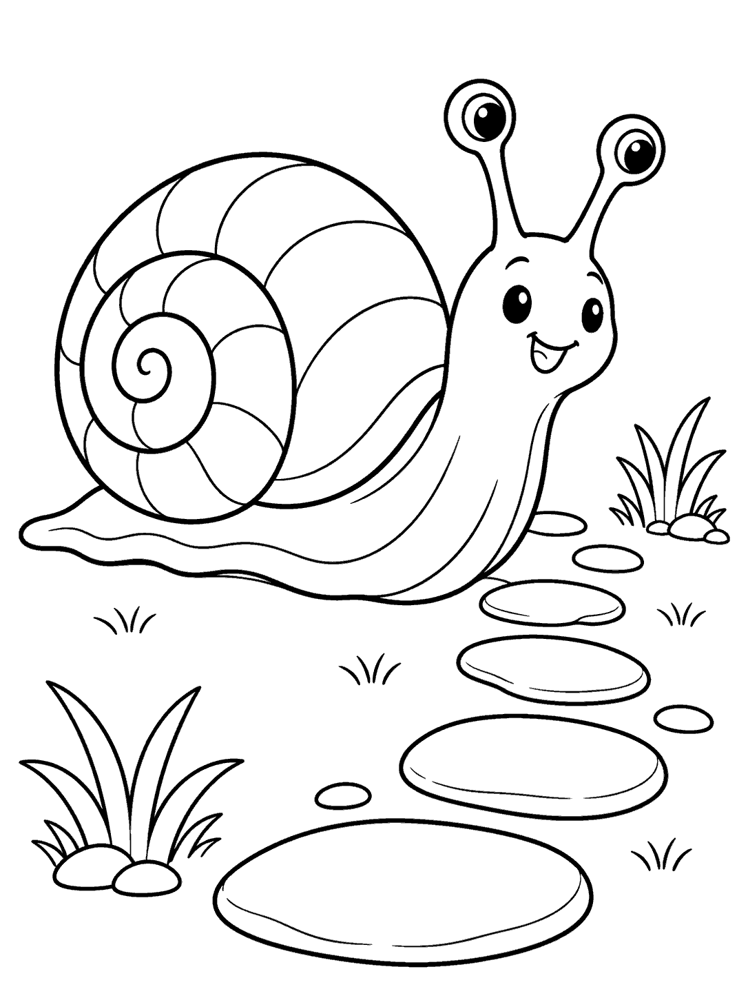 A smiling snail with a large spiral shell following a curved trail of rounded pebbles, with grass clumps nearby.