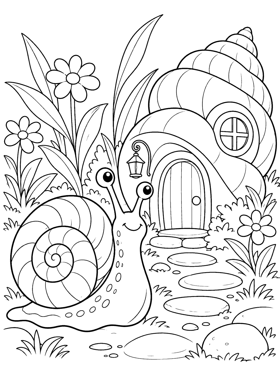A smiling snail with a large coiled shell stands beside a shell-shaped cottage with a round window, doorway, flowers, and stepping stones.
