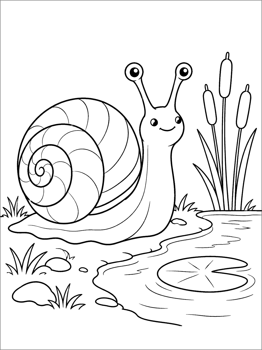 A large smiling snail beside a small pond, with three reeds and a lily pad.