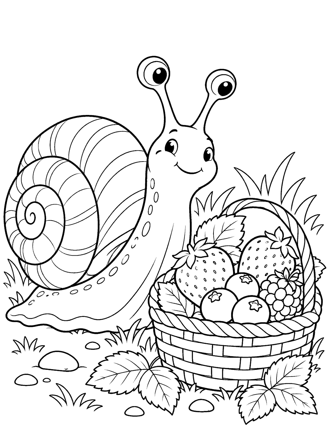 A smiling snail with a spiral shell beside a picnic basket filled with separated berries and leaves.