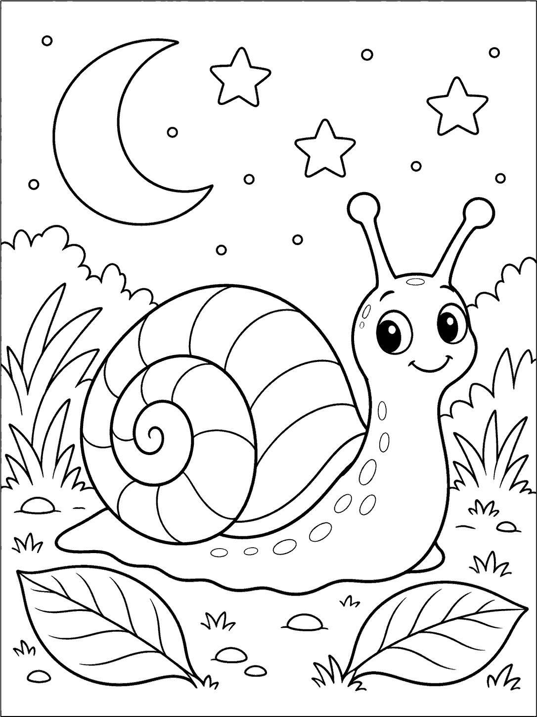 A smiling snail with a spiral shell in a garden beneath a crescent moon and large stars, with two broad leaves near the ground.