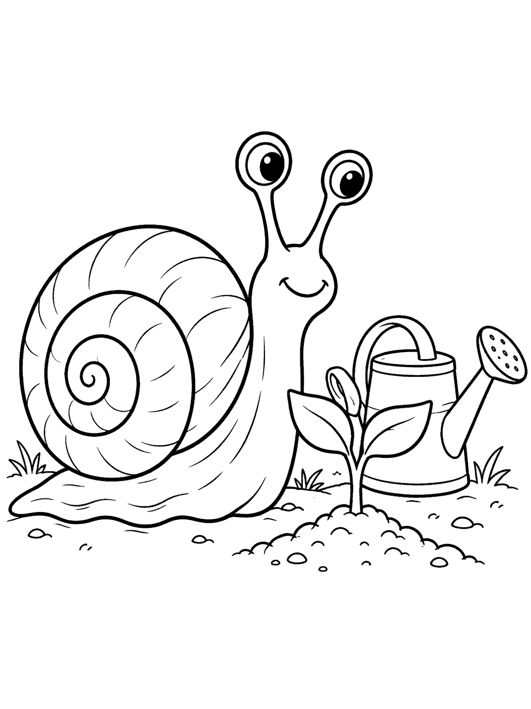 A smiling snail with a spiral shell beside a watering can and a two-leaf seedling, drawn in black outlines on white.