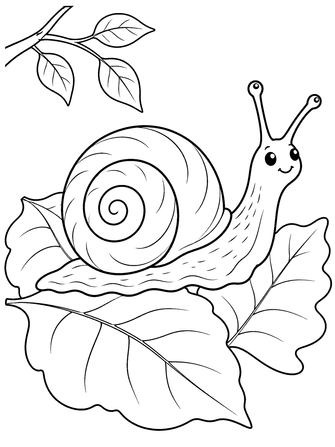A smiling snail with a clear spiral shell crossing three large veined fallen leaves, with a small branch in the upper corner.