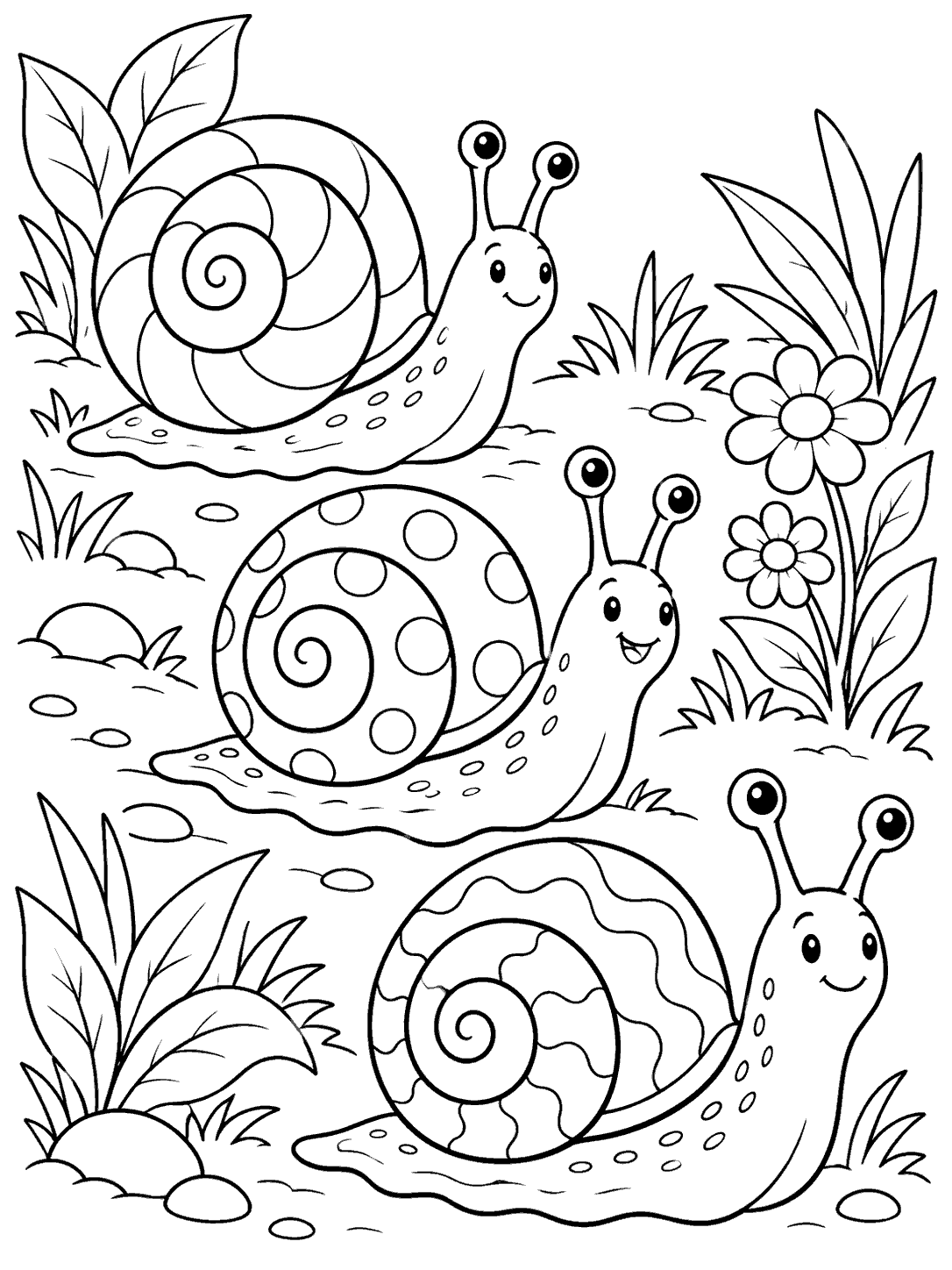 Three friendly snails in a diagonal garden parade, each with a differently patterned coiled shell.