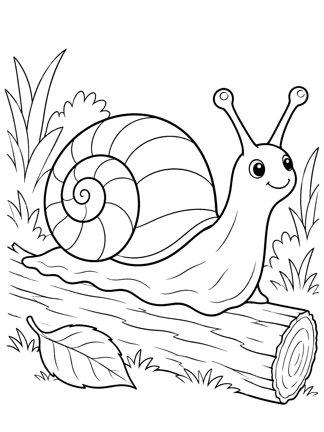 Black-and-white coloring page illustration of a smiling snail with a coiled shell crawling across a fallen log, with garden grass and a leaf nearby.