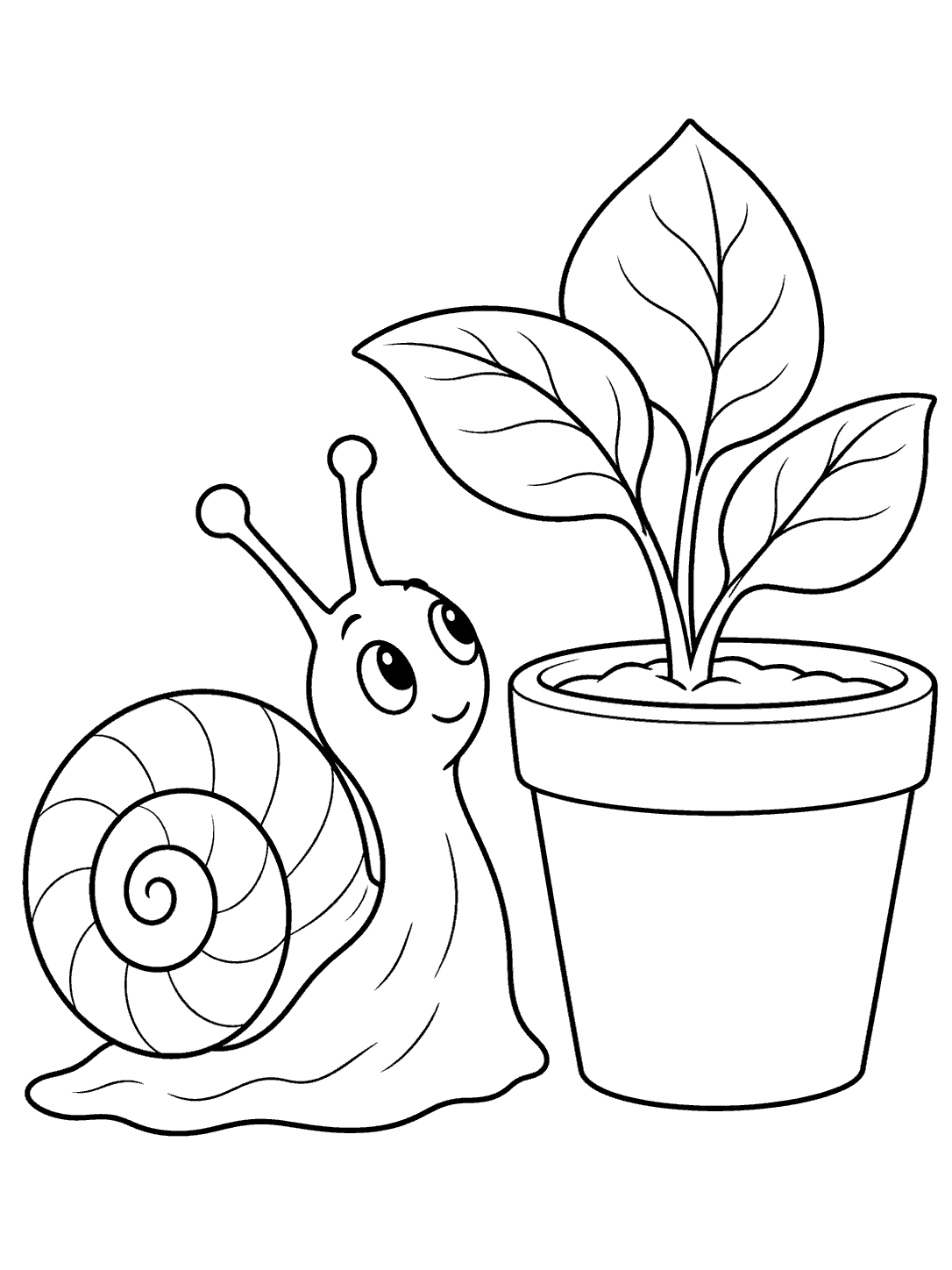 A smiling snail with a fully visible spiral shell beside a plain flowerpot holding a three-leaf plant.