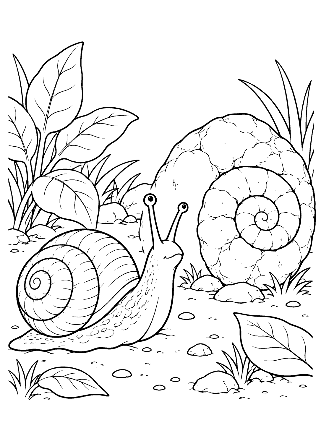A land snail with clear eyestalks beside a large spiral stone, surrounded by leaves and small garden details.