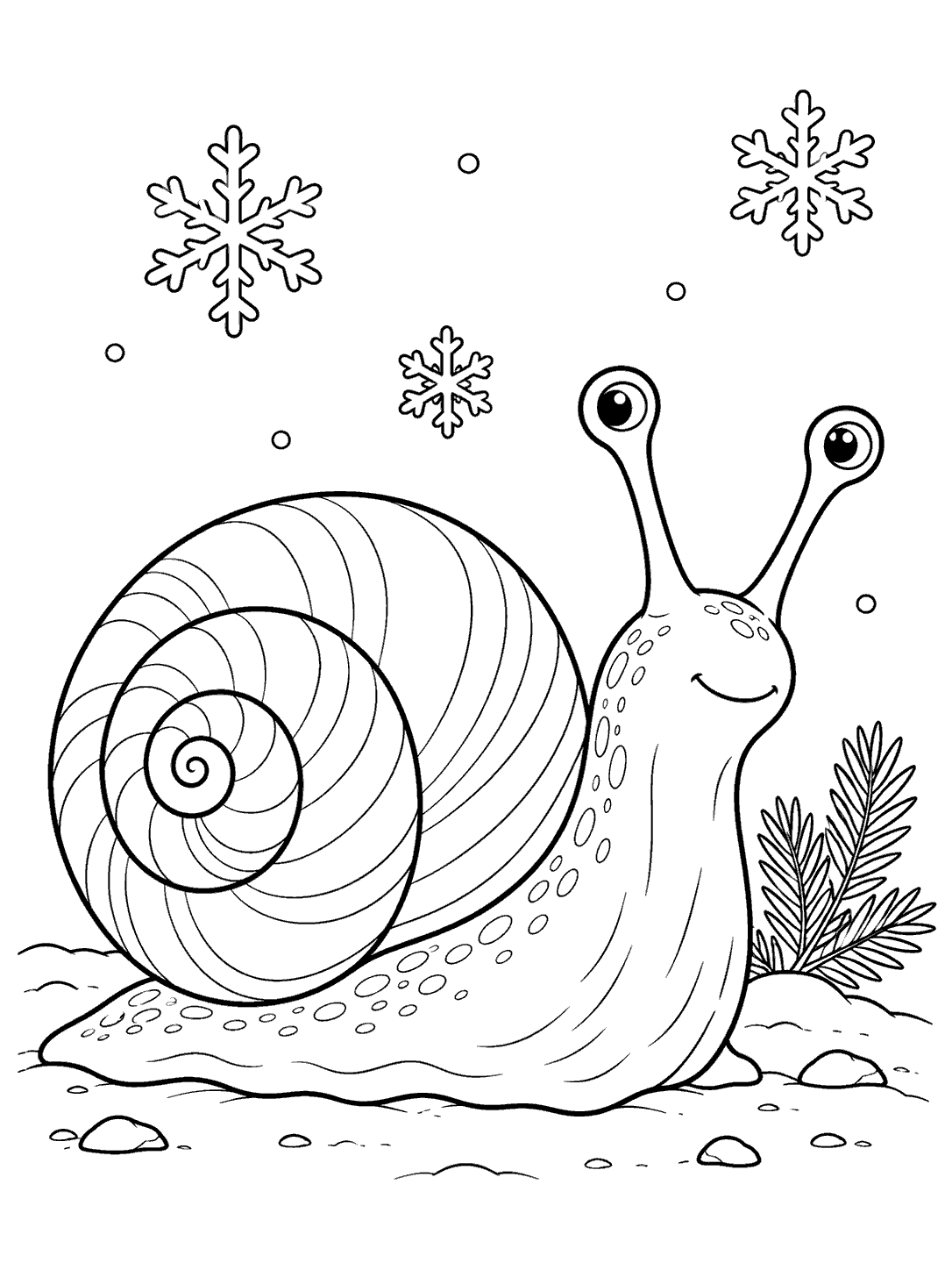 A large smiling snail with a spiral shell beside a small evergreen sprig, with snowflakes above and stones on the ground.
