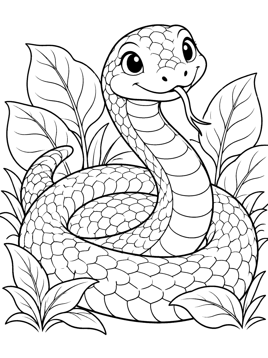 Friendly coiled snake with large scales and a smiling face among garden leaves, in black-and-white coloring page line art.